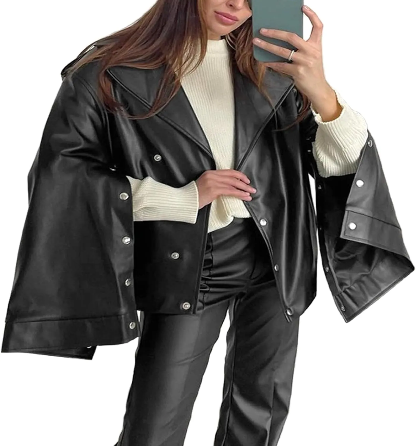 VOIKERDR Womens Oversized Faux Leather Jackets Moto Jackets Pu Leather Blazer Biker Jacket Outerwear