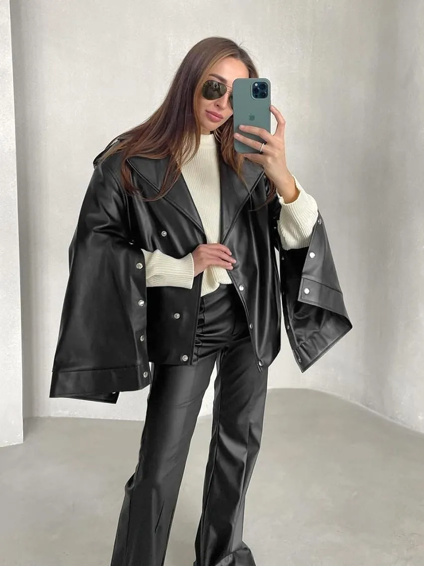 VOIKERDR Womens Oversized Faux Leather Jackets Moto Jackets Pu Leather Blazer Biker Jacket Outerwear