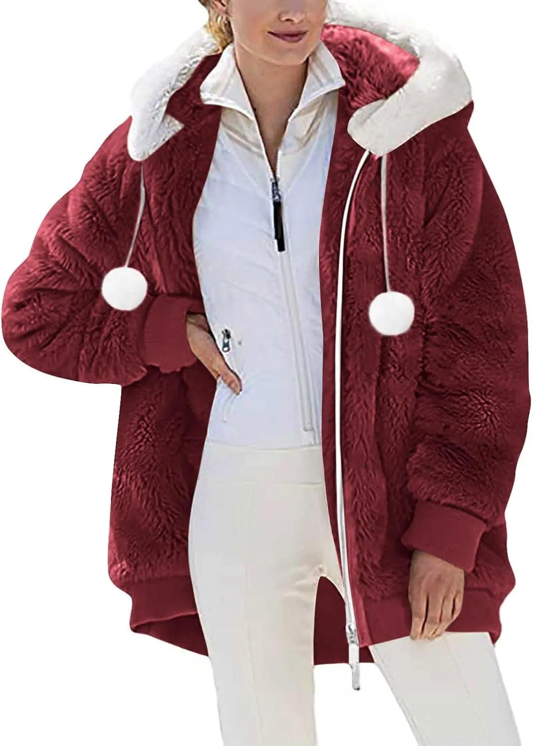Warm Winter Coats for Women Fuzzy Fleece Jacket Fur Hooded Color Block Cardigan Zip Up Outerwear with Pockets