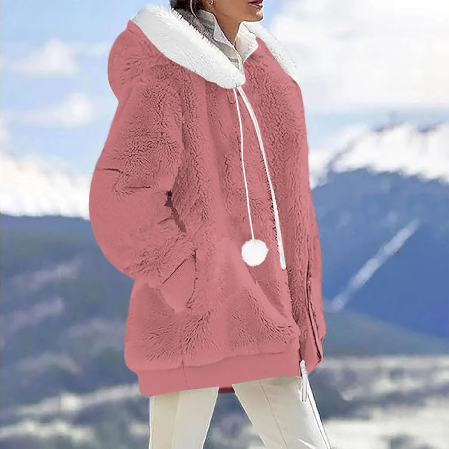 Warm Winter Coats for Women Fuzzy Fleece Jacket Fur Hooded Color Block Cardigan Zip Up Outerwear with Pockets