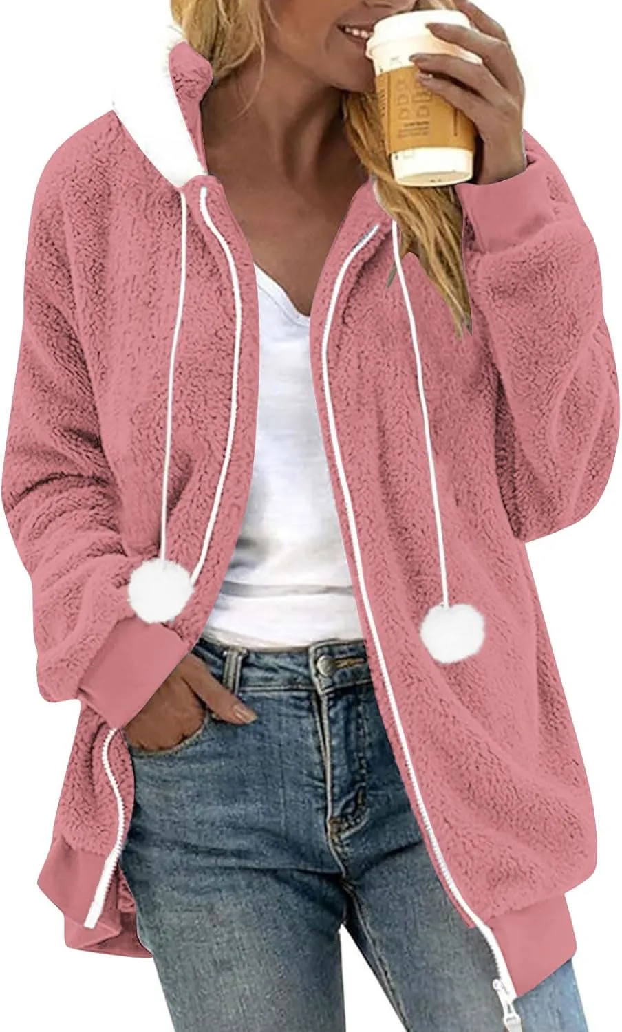 Warm Winter Coats for Women Fuzzy Fleece Jacket Fur Hooded Color Block Cardigan Zip Up Outerwear with Pockets