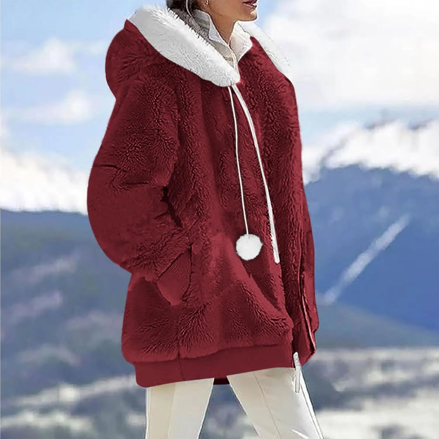 Warm Winter Coats for Women Fuzzy Fleece Jacket Fur Hooded Color Block Cardigan Zip Up Outerwear with Pockets