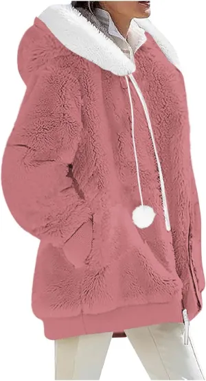 Warm Winter Coats for Women Fuzzy Fleece Jacket Fur Hooded Color Block Cardigan Zip Up Outerwear with Pockets