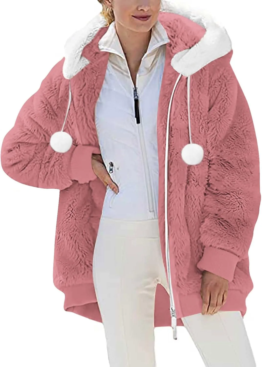 Warm Winter Coats for Women Fuzzy Fleece Jacket Fur Hooded Color Block Cardigan Zip Up Outerwear with Pockets