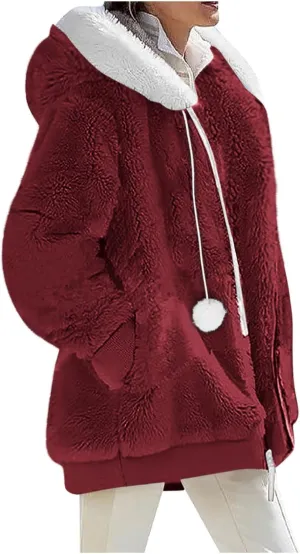 Warm Winter Coats for Women Fuzzy Fleece Jacket Fur Hooded Color Block Cardigan Zip Up Outerwear with Pockets