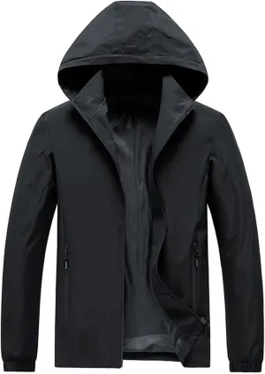 Waterproof Jackets for Men Lightweight Full Zip Long Sleeve Windbreaker Jackets Hooded Detachable Travel Hiking Coats