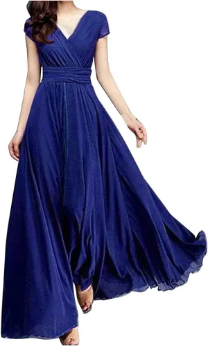 Wedding Guest Dresses for Women Chiffon Cap Sleeve V Neck Maxi Length Evening Ball Gowns Flowy Bridesmaid Dresses