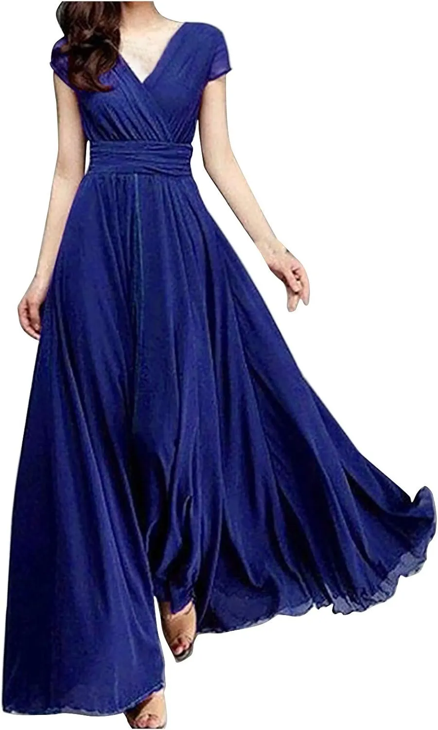 Wedding Guest Dresses for Women Chiffon Cap Sleeve V Neck Maxi Length Evening Ball Gowns Flowy Bridesmaid Dresses