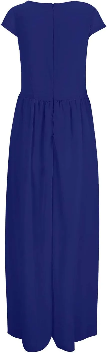 Wedding Guest Dresses for Women Chiffon Cap Sleeve V Neck Maxi Length Evening Ball Gowns Flowy Bridesmaid Dresses