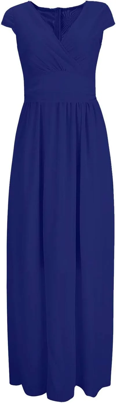 Wedding Guest Dresses for Women Chiffon Cap Sleeve V Neck Maxi Length Evening Ball Gowns Flowy Bridesmaid Dresses