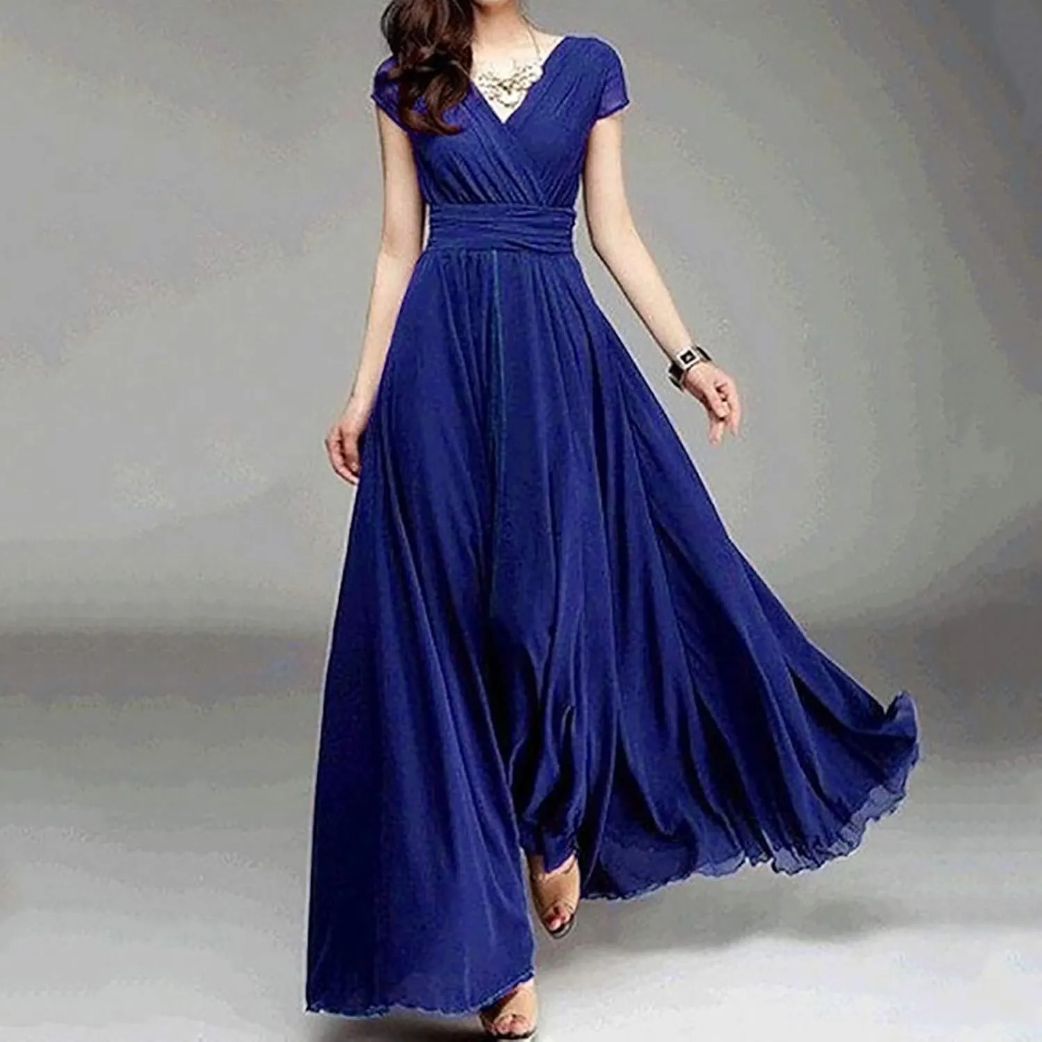 Wedding Guest Dresses for Women Chiffon Cap Sleeve V Neck Maxi Length Evening Ball Gowns Flowy Bridesmaid Dresses