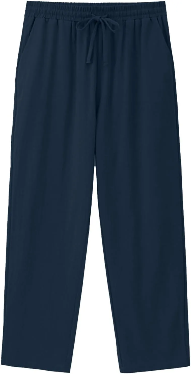 WENKOMG1 Cotton Linen Pants for Men Solid Lightweight Lounge Pants Straight Leg Elastic Waist Drawstring Casual Pants