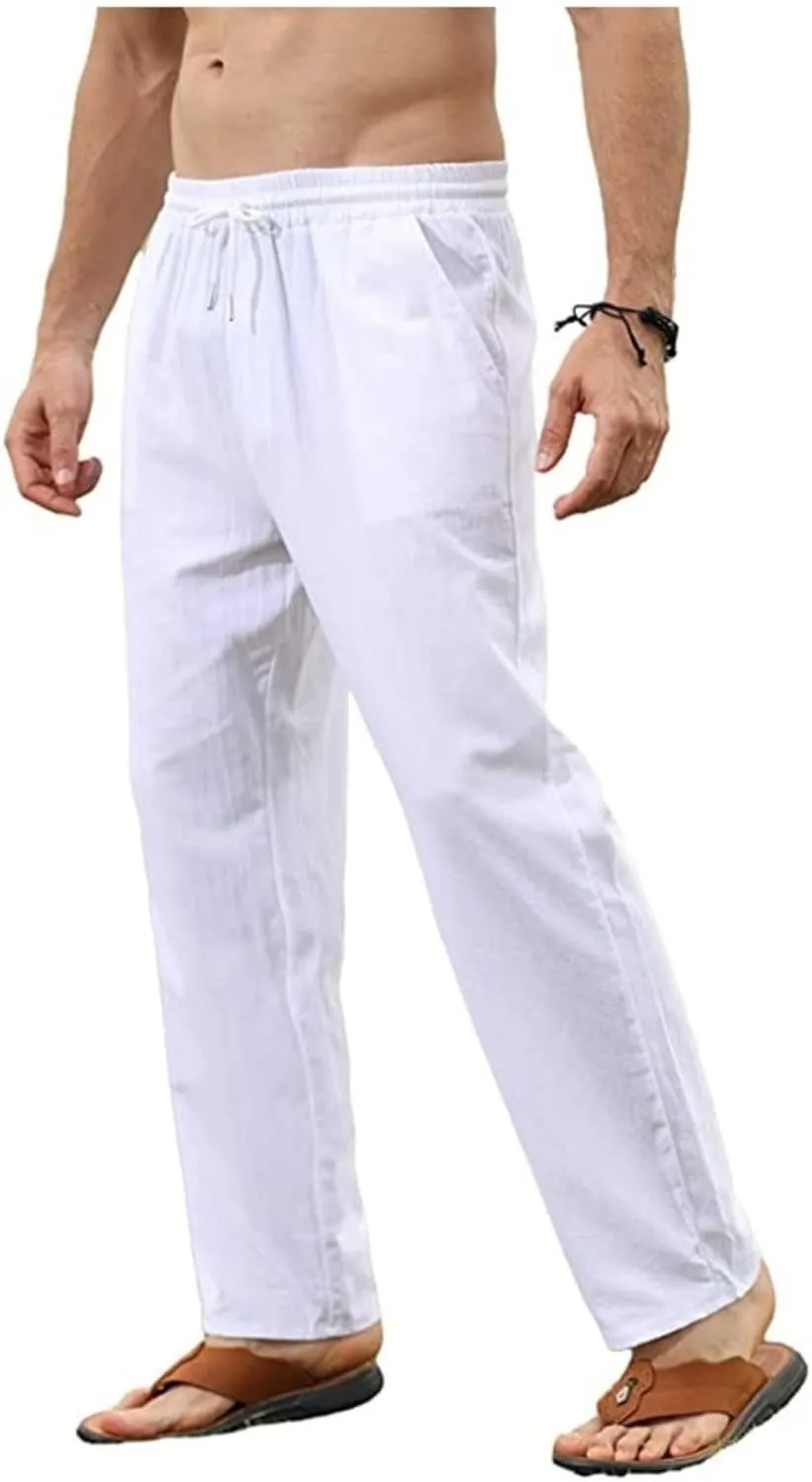 WENKOMG1 Mens Cotton Linen Pants Elastic Waist Drawstring Summer Casual Pajama Bottoms Lightweight Beach Pants