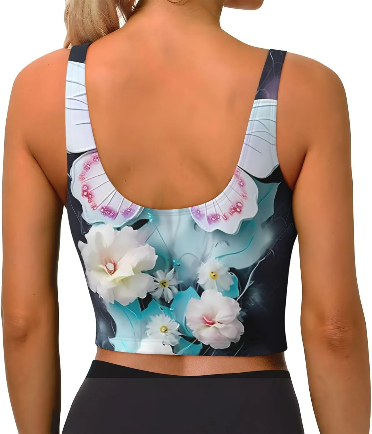 White Butterfly Women's Sexy Sports Vest Sleeveless Athletic Gym T-Shirts Vest U-Shaped Back Quick Dry Top
