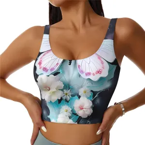 White Butterfly Women's Sexy Sports Vest Sleeveless Athletic Gym T-Shirts Vest U-Shaped Back Quick Dry Top
