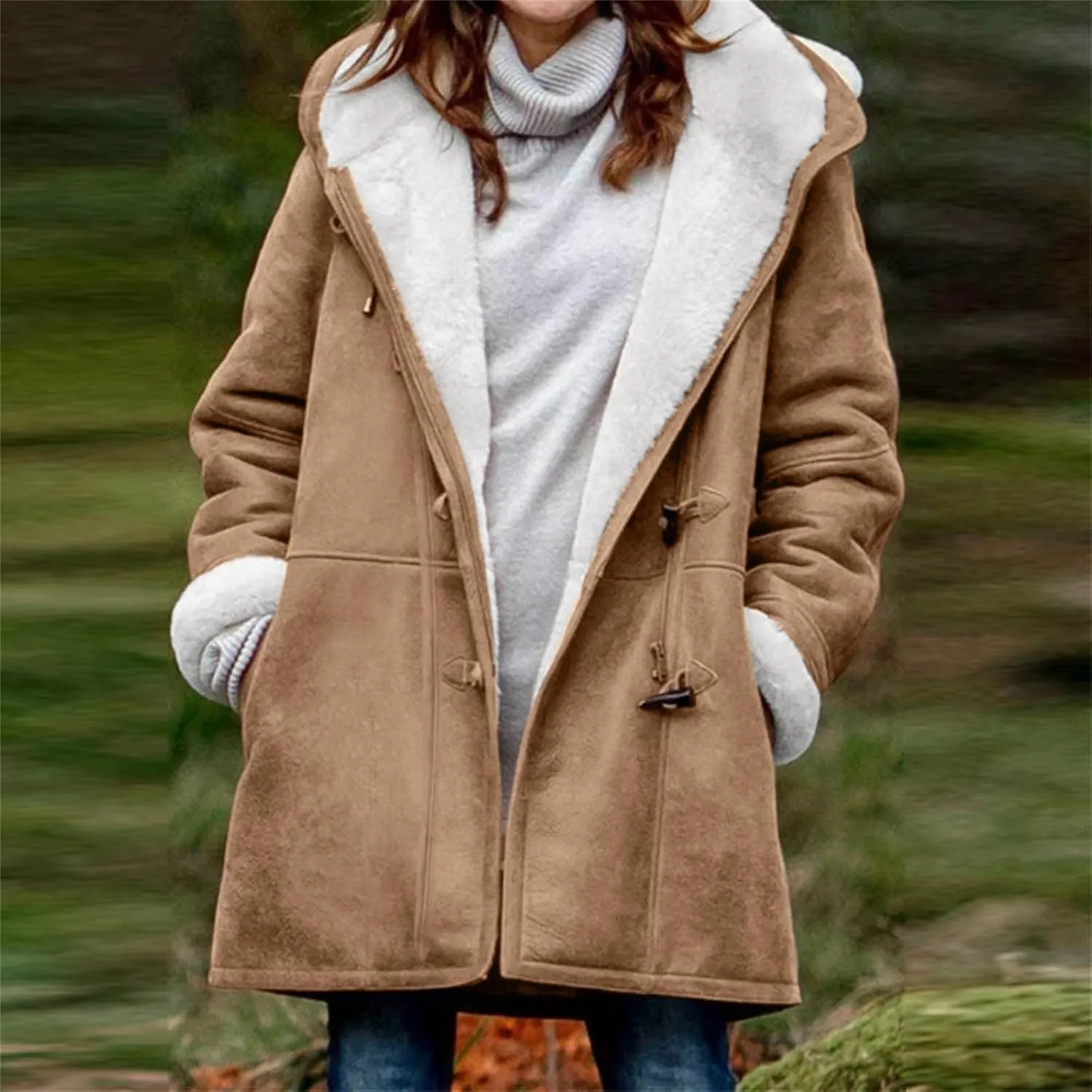 Winter Coat for Women 2023 Sherpa Lined Denim Coat Button Down Long Sleeve Lapel Collar Jacket Outerwear with Pockets
