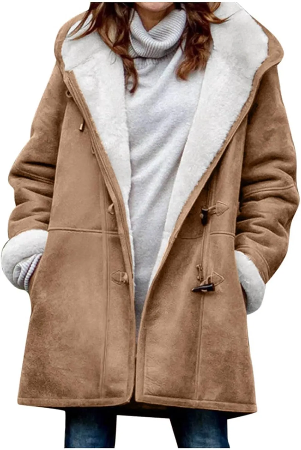 Winter Coat for Women 2023 Sherpa Lined Denim Coat Button Down Long Sleeve Lapel Collar Jacket Outerwear with Pockets