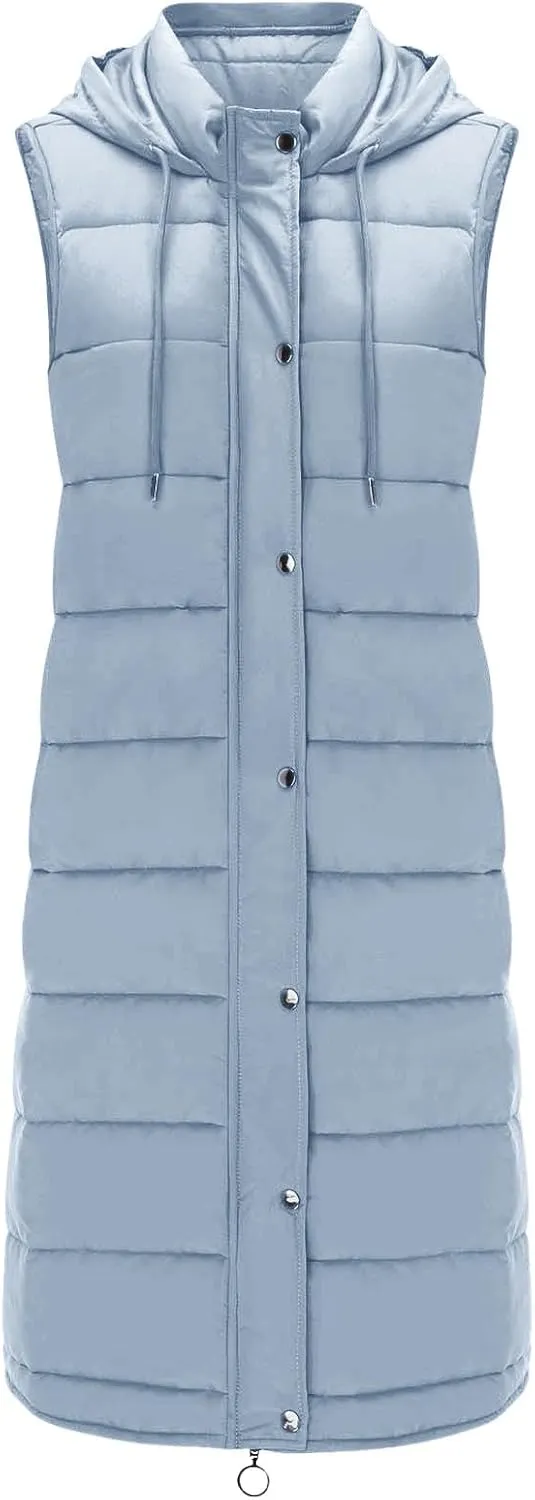 Winter Coats for Women 2024 Warm Long Puffer Jacket Vest Button Zip Up Sleeveless Quilted Outwear Trendy Outing Clothes