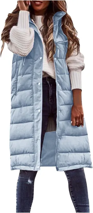 Winter Coats for Women 2024 Warm Long Puffer Jacket Vest Button Zip Up Sleeveless Quilted Outwear Trendy Outing Clothes