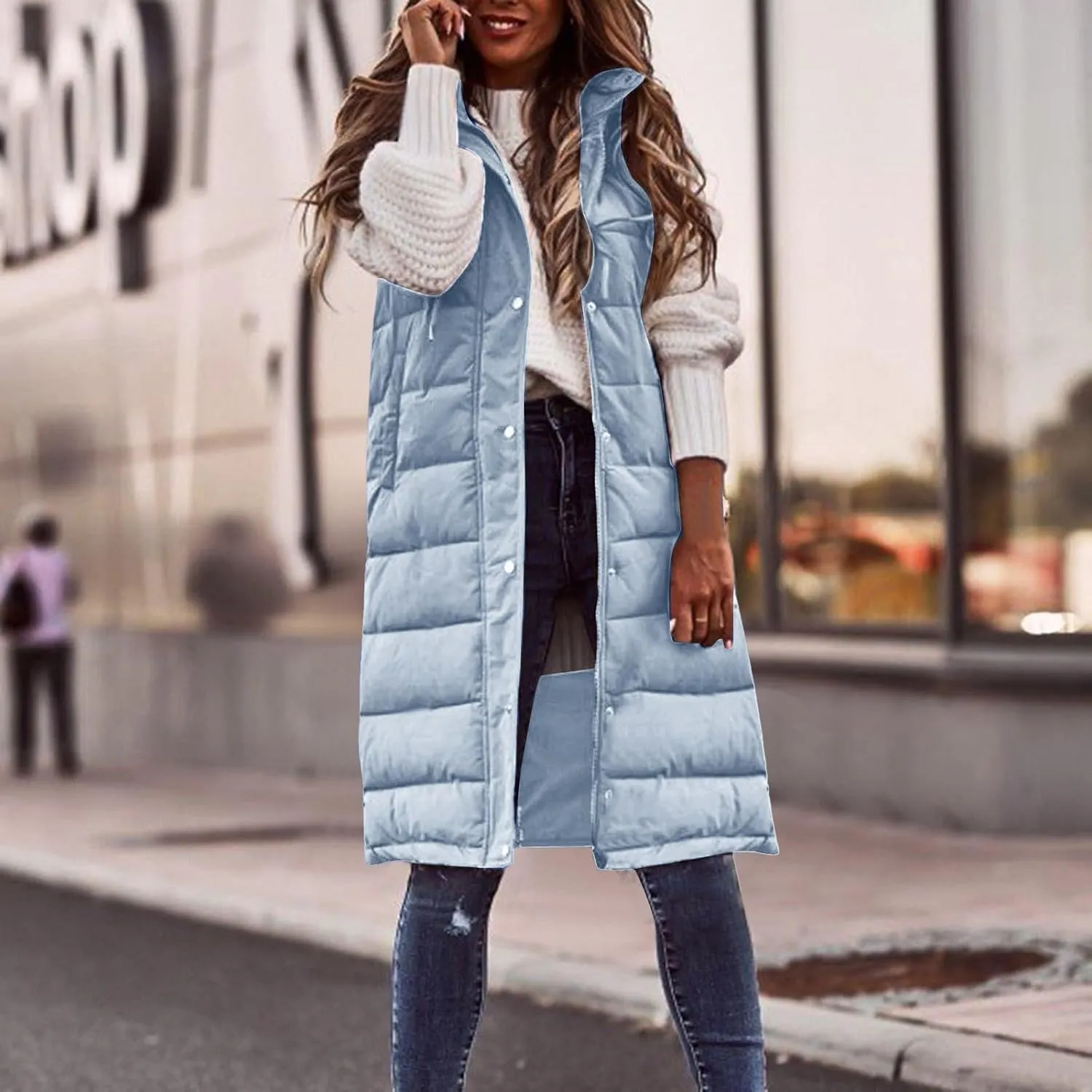 Winter Coats for Women 2024 Warm Long Puffer Jacket Vest Button Zip Up Sleeveless Quilted Outwear Trendy Outing Clothes