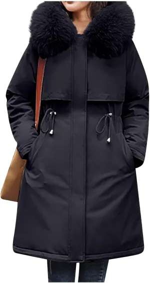 Winter Jacket for Women Long Parka Trench Coat Comfy Stitching Casual Cardigan Lapel Overcoat Belted Slim Outerwear