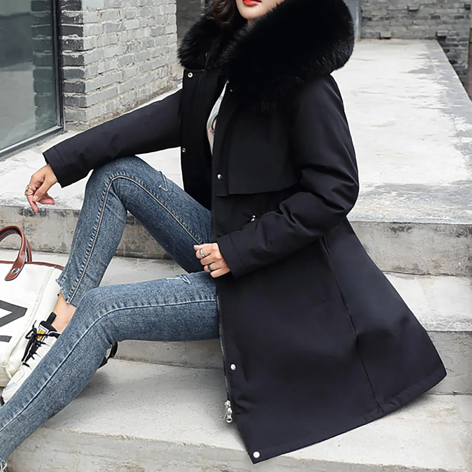 Winter Jacket for Women Long Parka Trench Coat Comfy Stitching Casual Cardigan Lapel Overcoat Belted Slim Outerwear