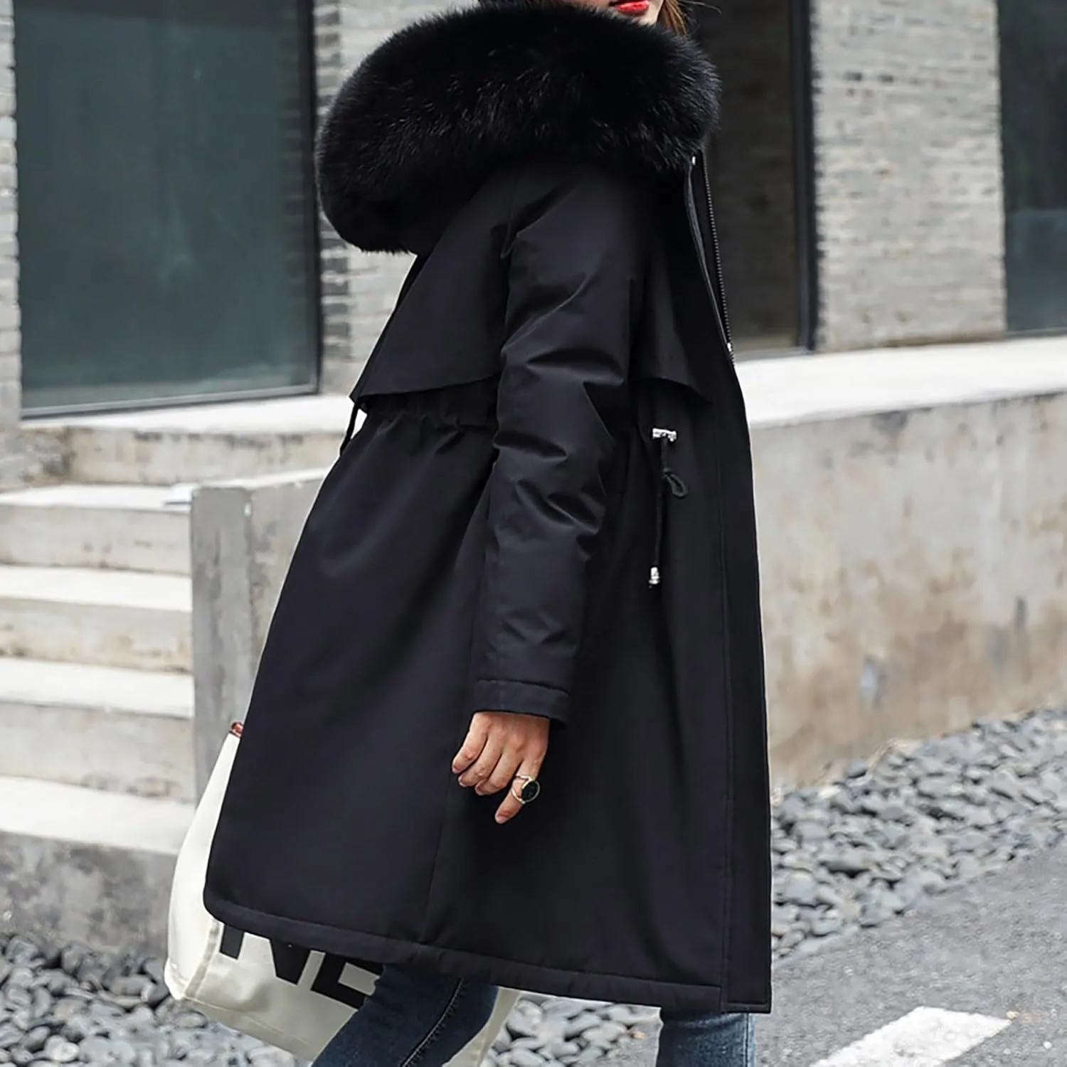 Winter Jacket for Women Long Parka Trench Coat Comfy Stitching Casual Cardigan Lapel Overcoat Belted Slim Outerwear