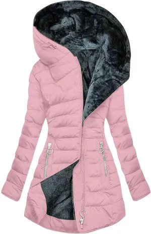 Winter Warm Fleece Lined Jackets for Women Padded Wadded Down Puffer Coats Plush Zip Up Hooded Outerwear