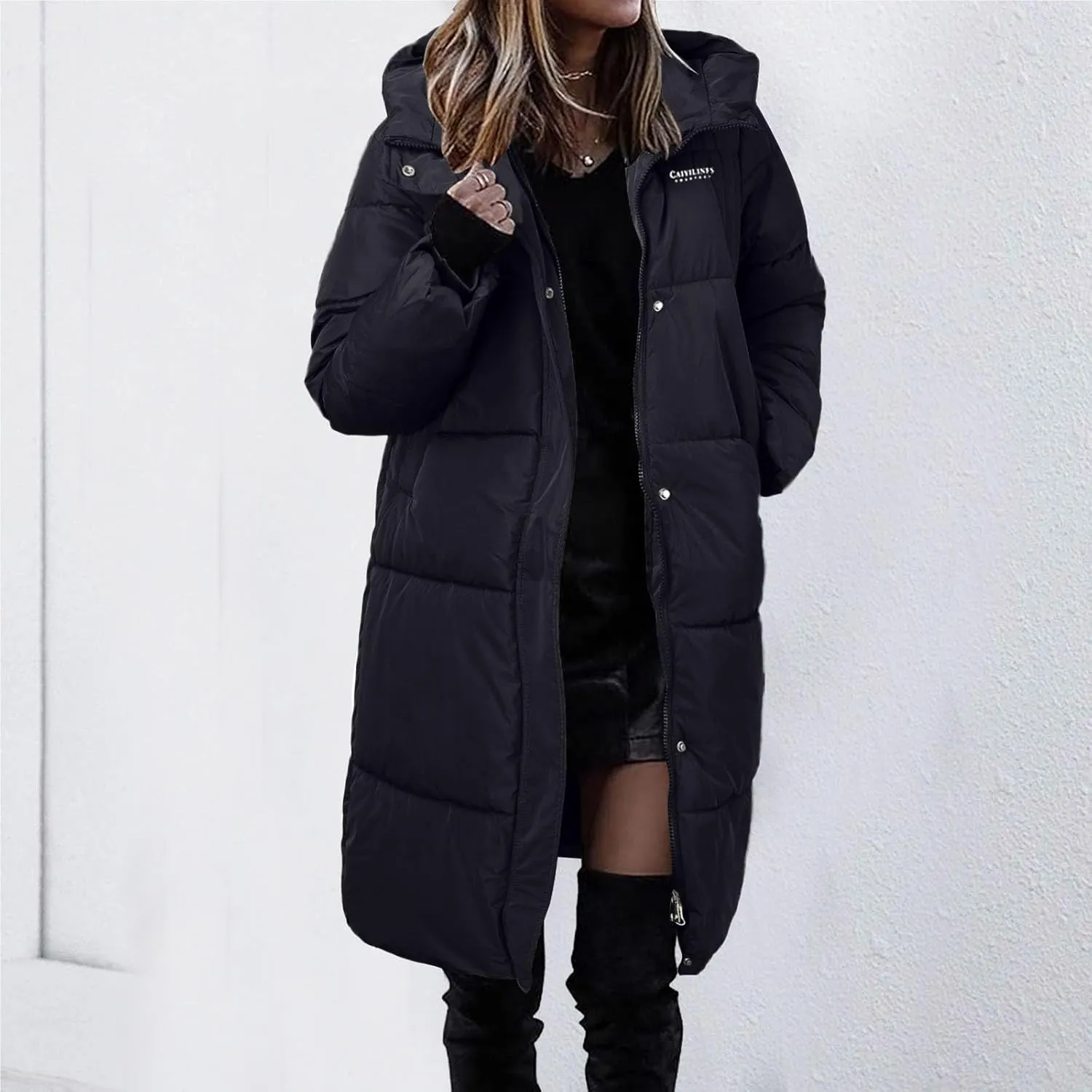 Winter Zip Up Solid Down Coat for Womens Long Sleeve Hooded Long Puffer Coat with Pockets Casual Insulated Overcoat