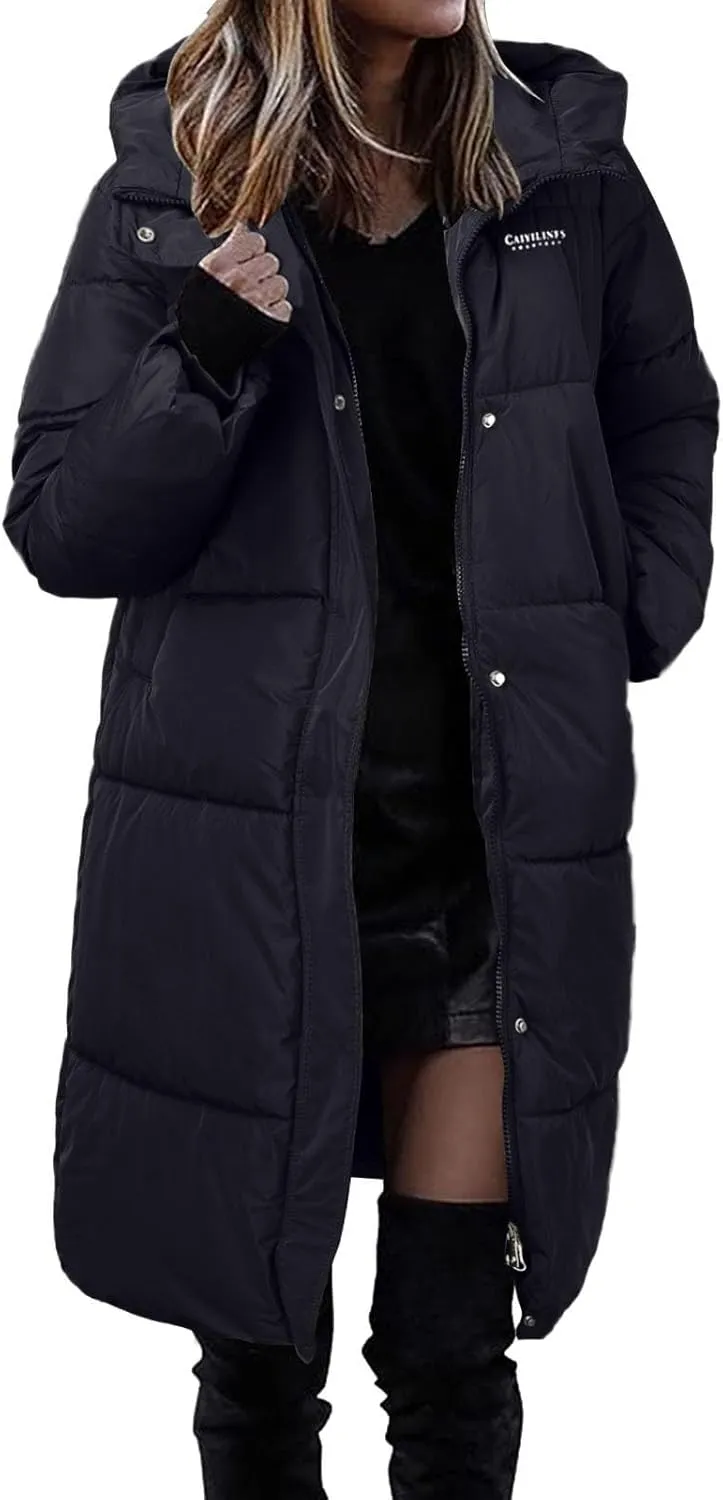 Winter Zip Up Solid Down Coat for Womens Long Sleeve Hooded Long Puffer Coat with Pockets Casual Insulated Overcoat