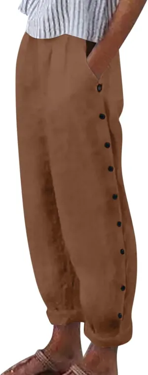 Women Buttons Solid Pants High Waisted Wide Leg Pants Drawstring Elastic Trousers Comfy Straight Leg Long Pants