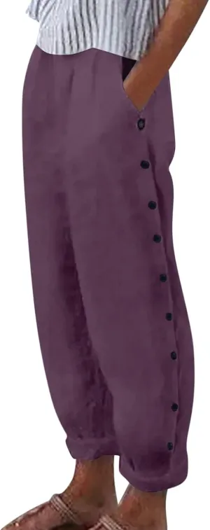 Women Buttons Solid Pants High Waisted Wide Leg Pants Drawstring Elastic Trousers Comfy Straight Leg Long Pants