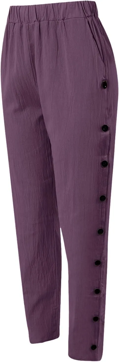 Women Buttons Solid Pants High Waisted Wide Leg Pants Drawstring Elastic Trousers Comfy Straight Leg Long Pants