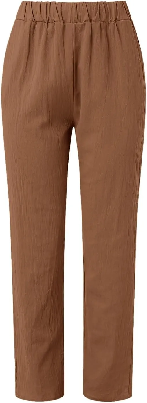 Women Buttons Solid Pants High Waisted Wide Leg Pants Drawstring Elastic Trousers Comfy Straight Leg Long Pants
