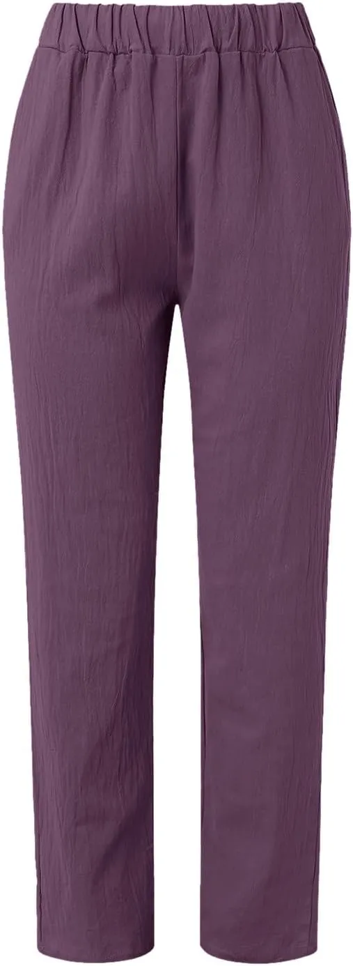Women Buttons Solid Pants High Waisted Wide Leg Pants Drawstring Elastic Trousers Comfy Straight Leg Long Pants