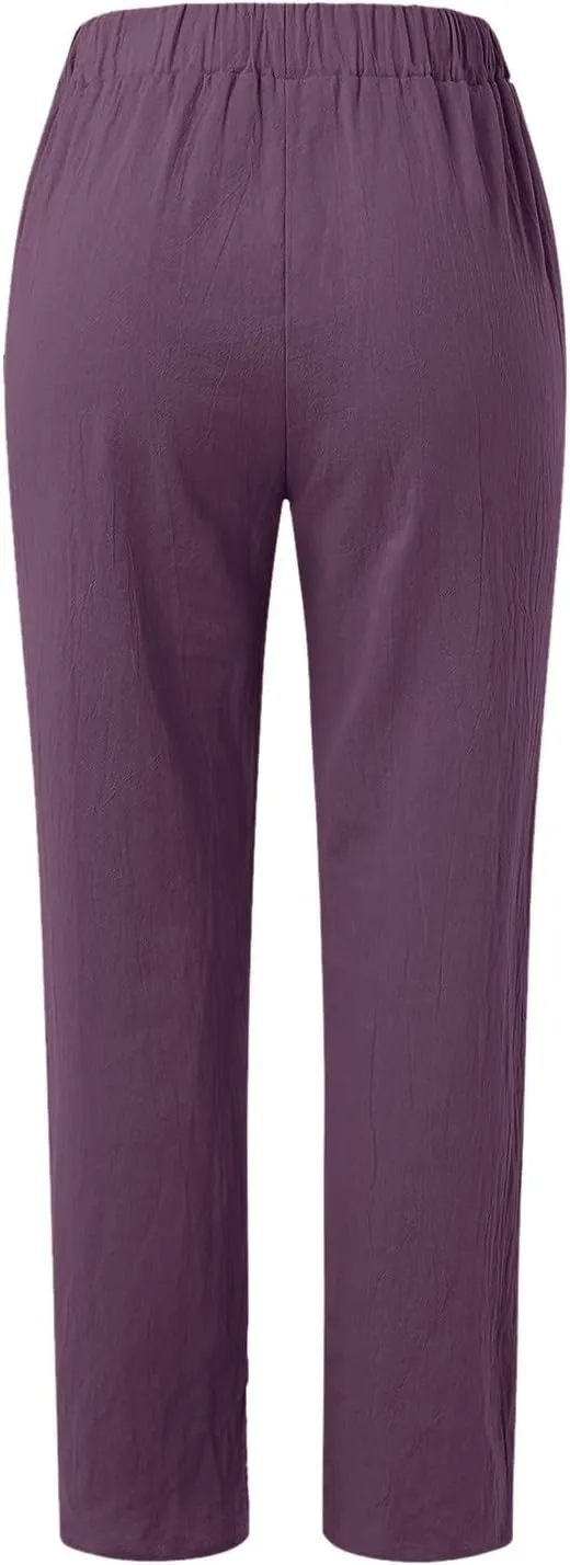 Women Buttons Solid Pants High Waisted Wide Leg Pants Drawstring Elastic Trousers Comfy Straight Leg Long Pants
