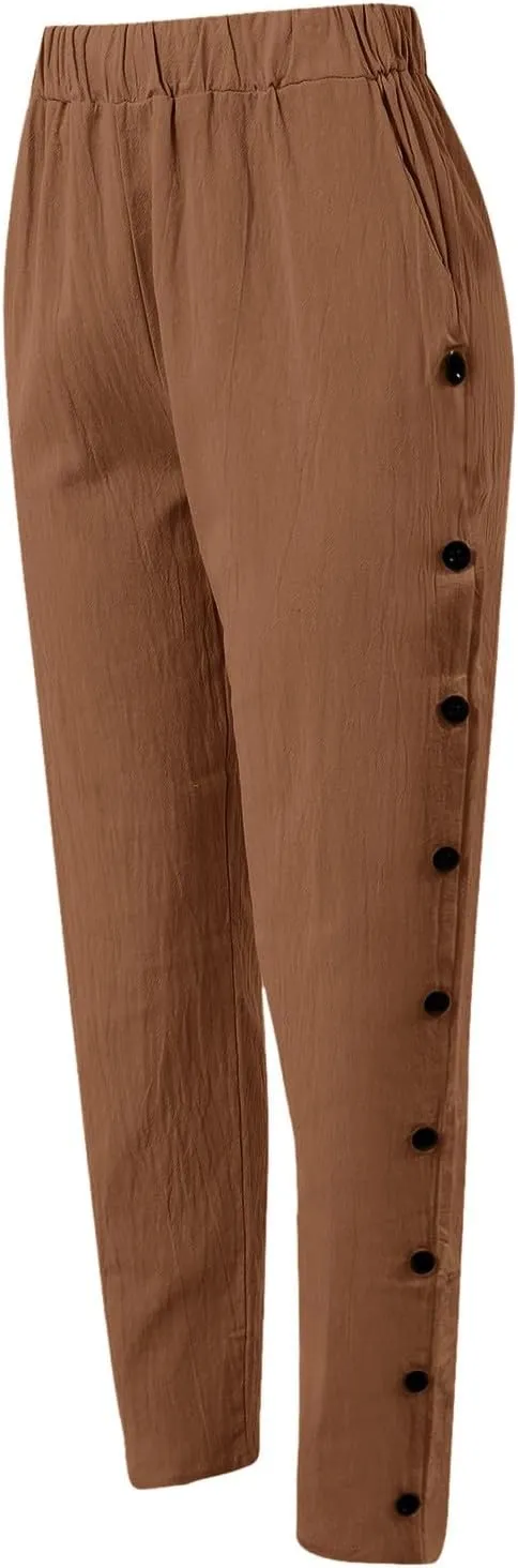Women Buttons Solid Pants High Waisted Wide Leg Pants Drawstring Elastic Trousers Comfy Straight Leg Long Pants