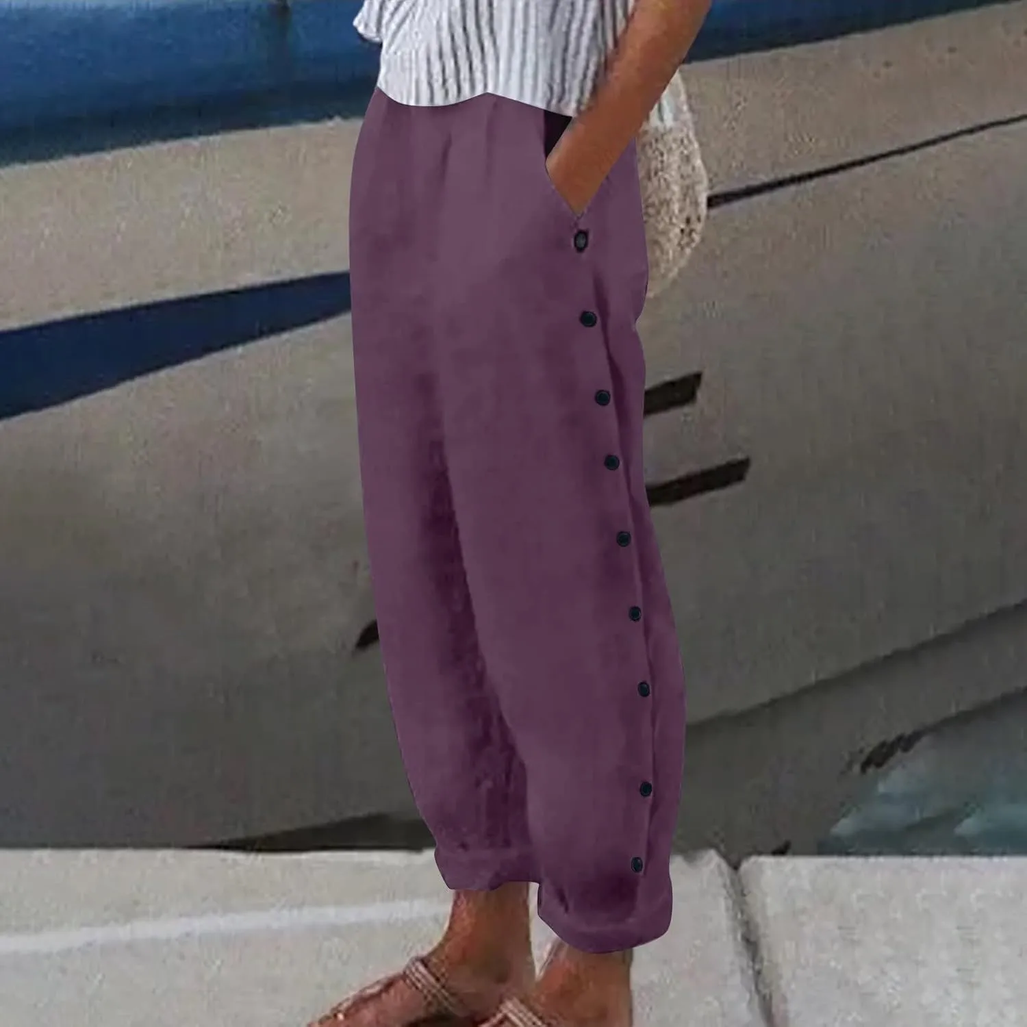 Women Buttons Solid Pants High Waisted Wide Leg Pants Drawstring Elastic Trousers Comfy Straight Leg Long Pants