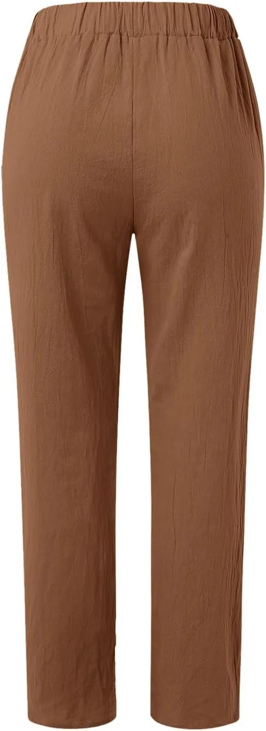 Women Buttons Solid Pants High Waisted Wide Leg Pants Drawstring Elastic Trousers Comfy Straight Leg Long Pants