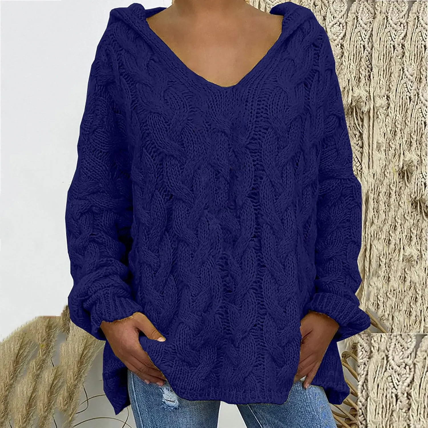 Women Cable Knit Sweater Long Sleeve Oversized Chunky Sweaters Casual Warm Comfortable Sweaters
