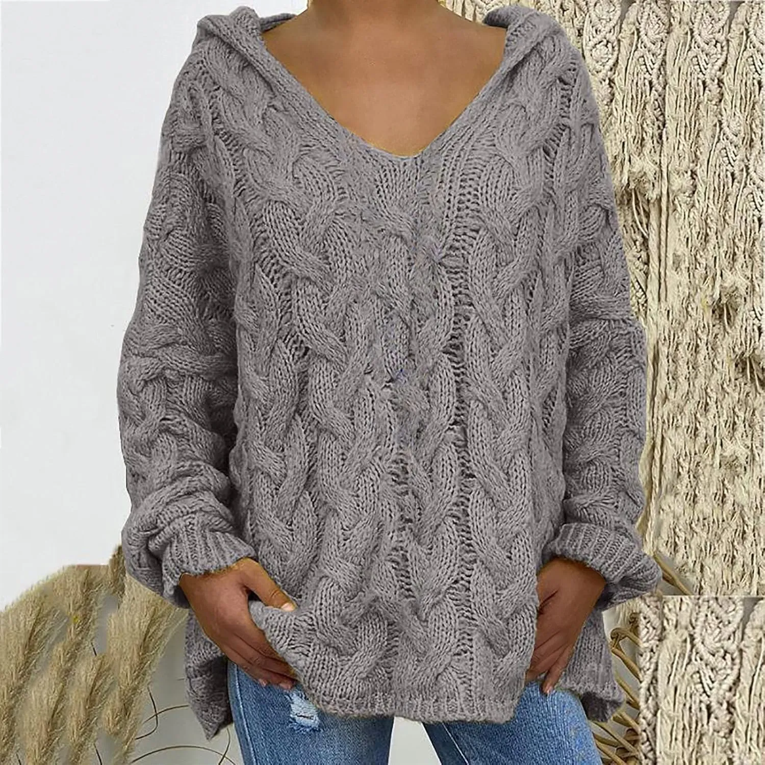 Women Cable Knit Sweater Long Sleeve Oversized Chunky Sweaters Casual Warm Comfortable Sweaters
