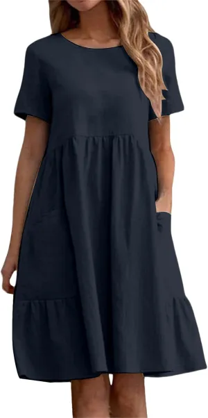 Women Casual Midi Dress Cotton Linen Short Sleeve Flowy A-Line Dress Summer Comfy Beach Tunic Sundress with Pockets