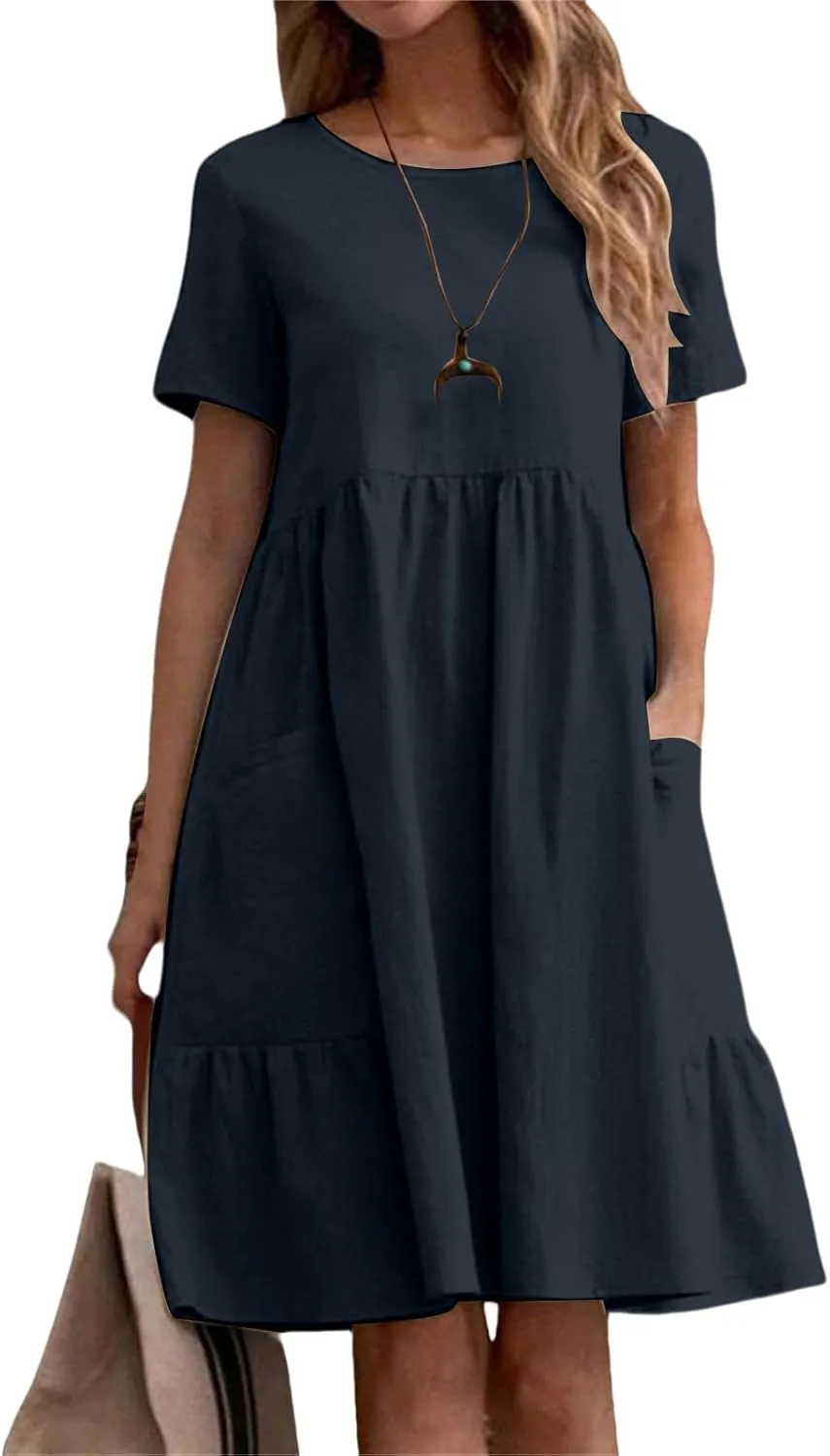 Women Casual Midi Dress Cotton Linen Short Sleeve Flowy A-Line Dress Summer Comfy Beach Tunic Sundress with Pockets