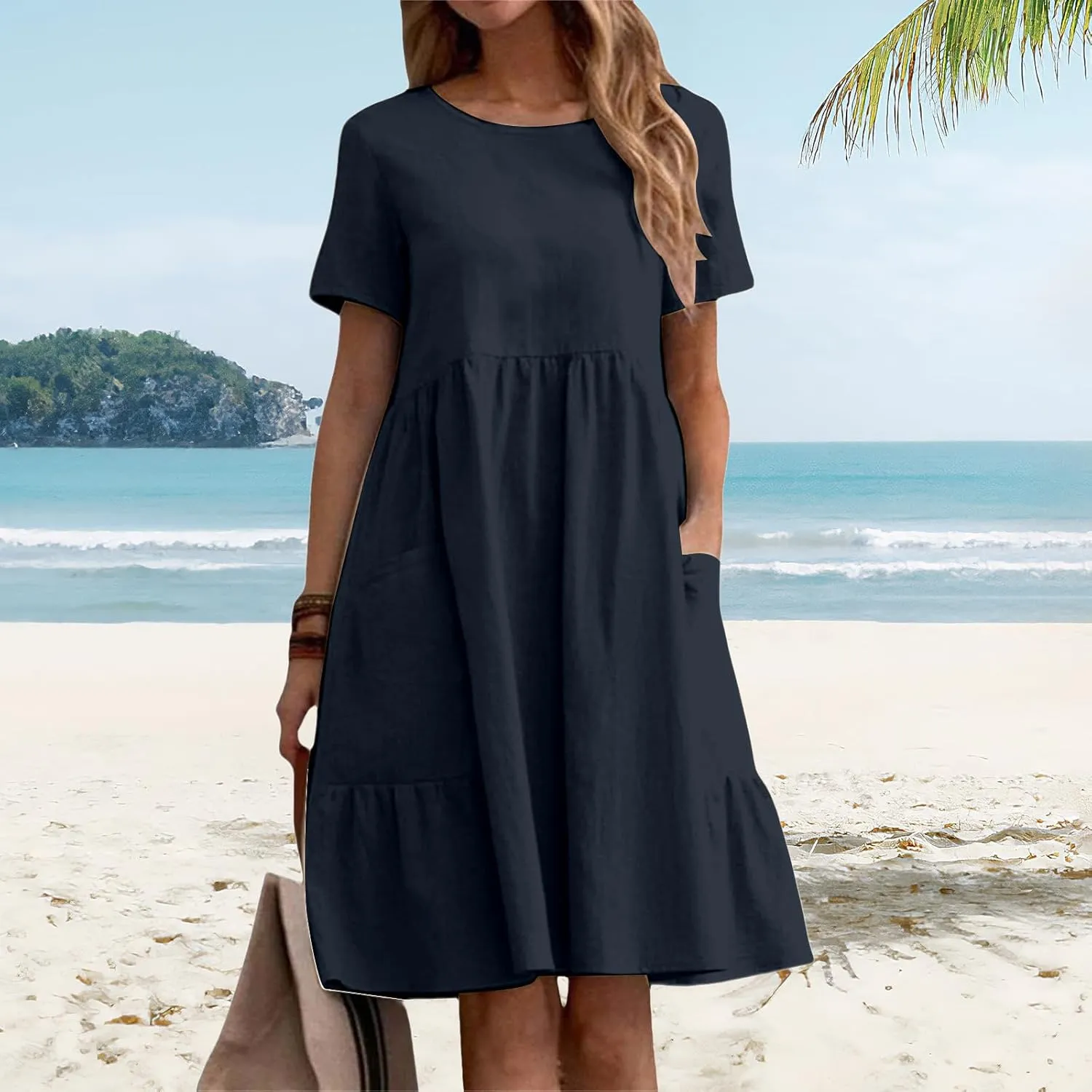 Women Casual Midi Dress Cotton Linen Short Sleeve Flowy A-Line Dress Summer Comfy Beach Tunic Sundress with Pockets