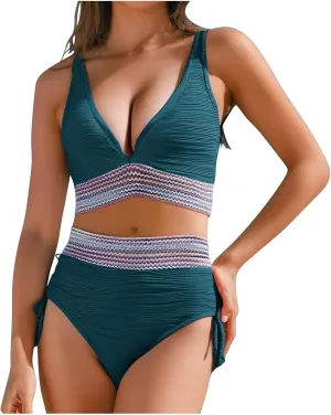 Women Color Block Swimsuit Two Piece Sets Tummy Control High Waisted Side Drawstrings Bottoms BohoTanks Swimwear