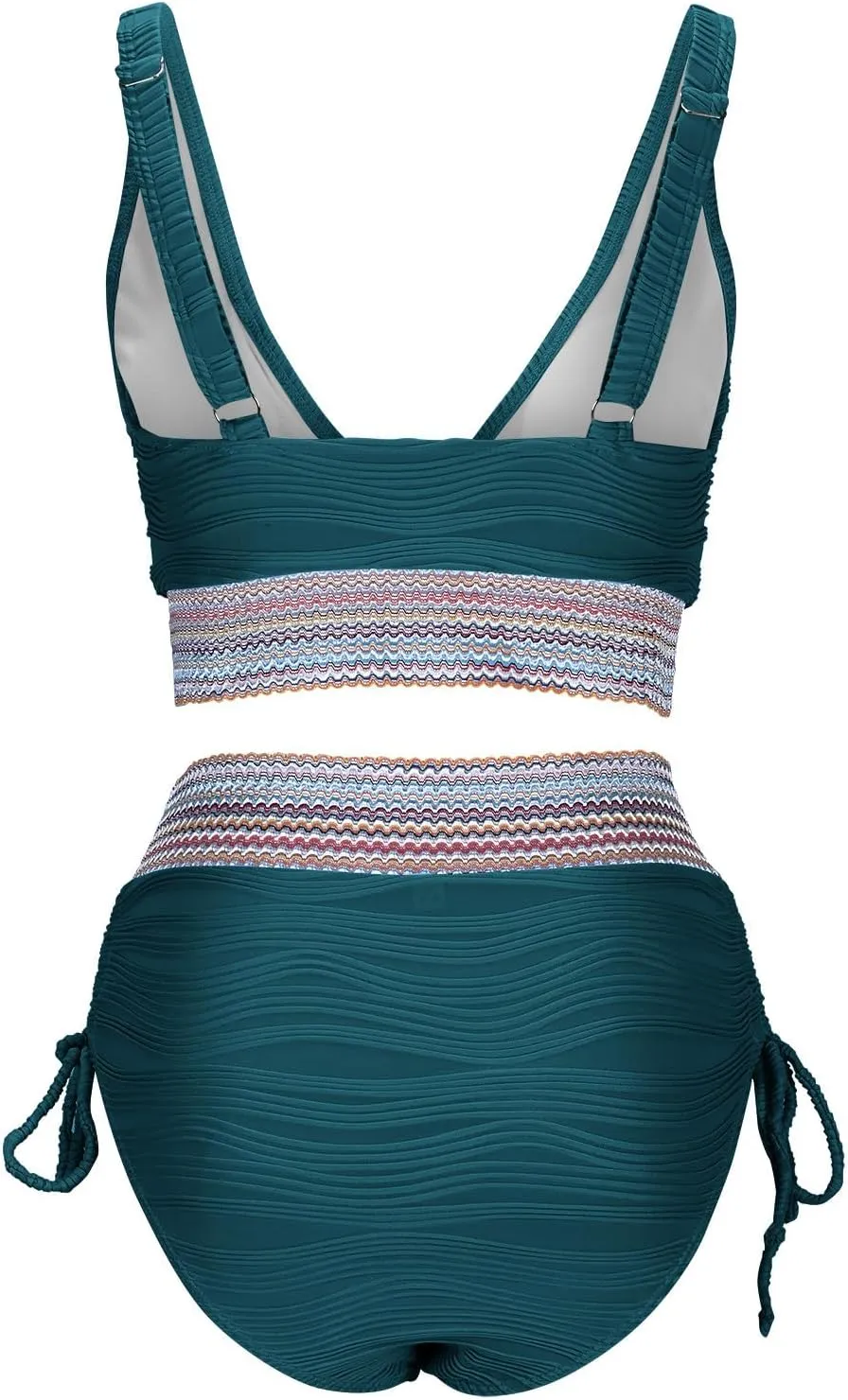 Women Color Block Swimsuit Two Piece Sets Tummy Control High Waisted Side Drawstrings Bottoms BohoTanks Swimwear