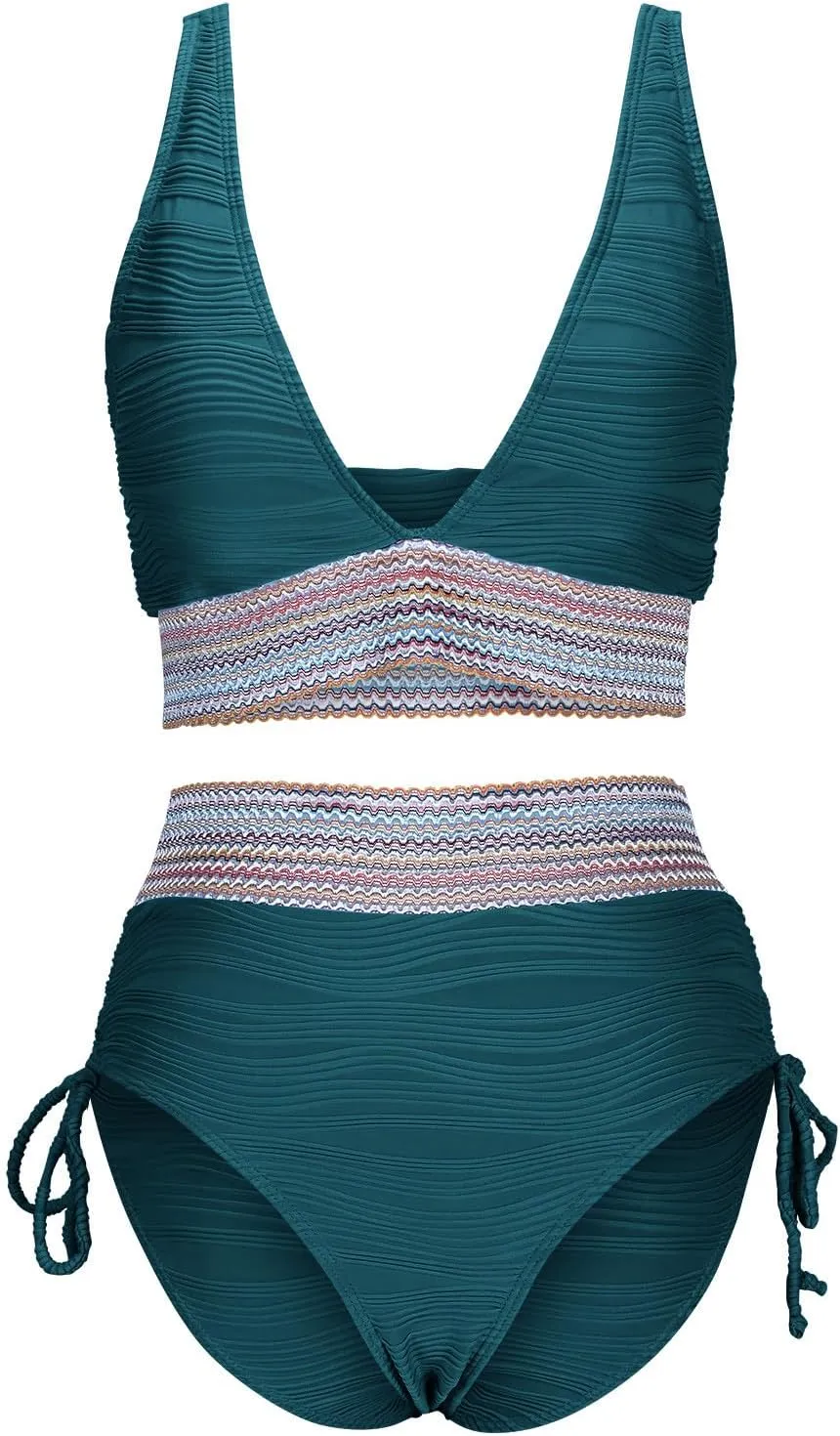 Women Color Block Swimsuit Two Piece Sets Tummy Control High Waisted Side Drawstrings Bottoms BohoTanks Swimwear