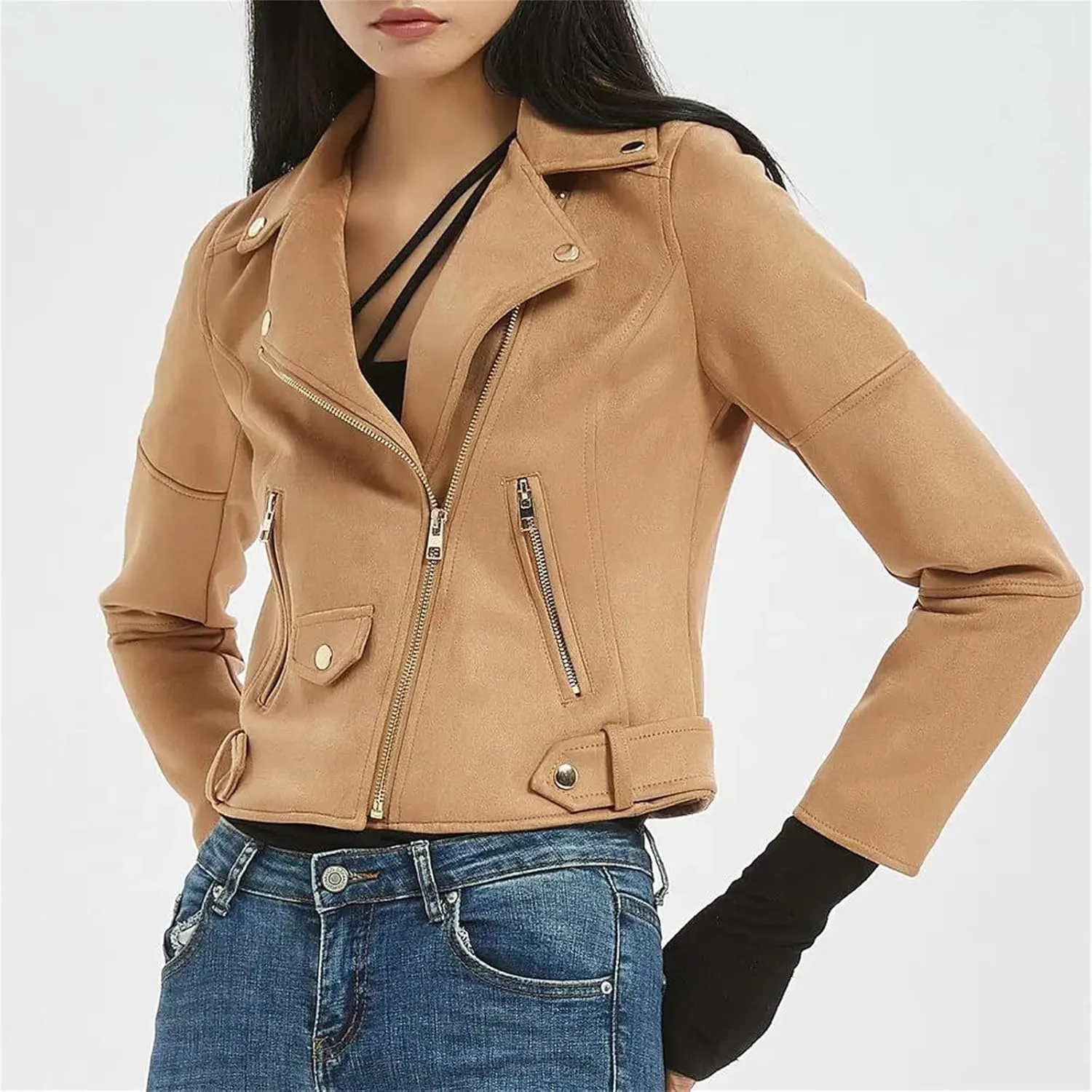 Women Faux Leather Motorcycle Jackets Casual Zipper Cropped Coat Bomber Biker Moto Jackets Outwear