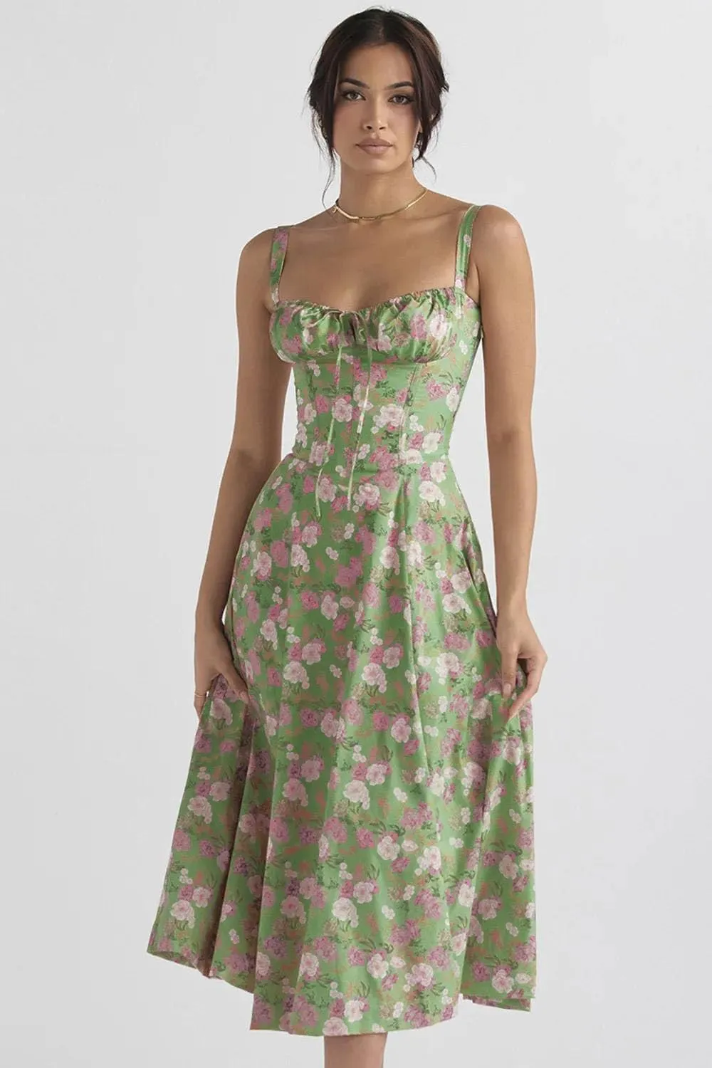 Women Flower Printed Sexy Low Cut Spaghetti Strap Dresses Chest Wrap Bowknot Leace-Up Long Dress