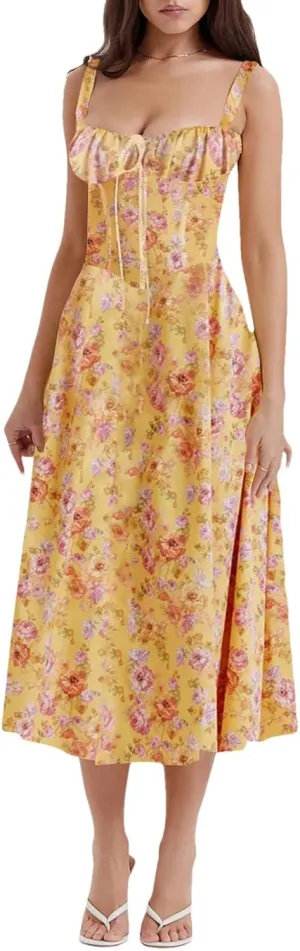 Women Flower Printed Sexy Low Cut Spaghetti Strap Dresses Chest Wrap Bowknot Leace-Up Long Dress
